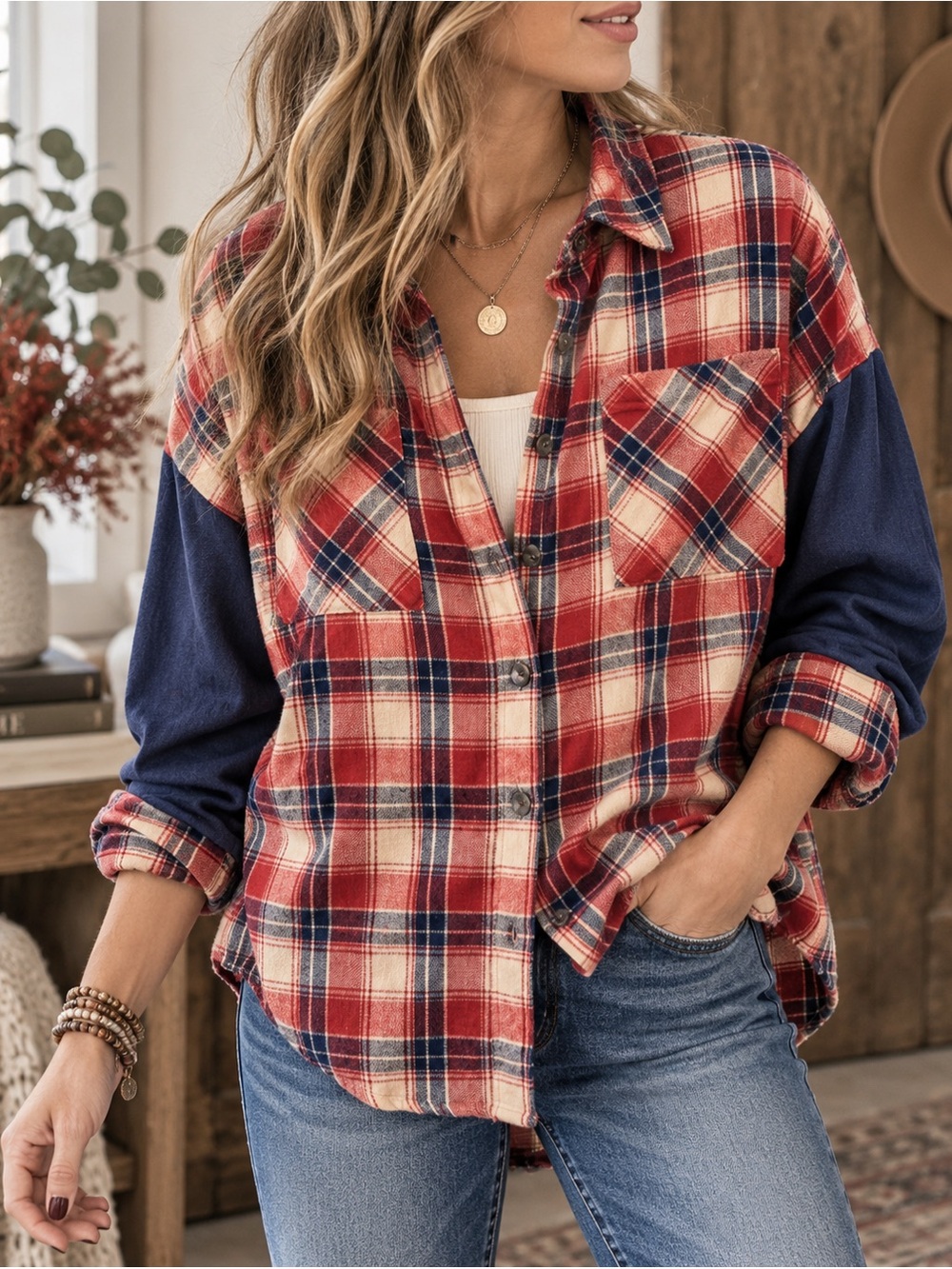 Hem & Thread Plaid Oversized Button Down Shirt Small Contrast Sleeve Boho